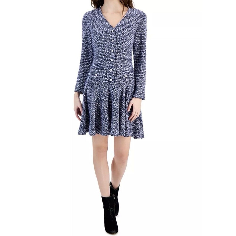 Taylor V-Neck Button Front Boulce Knit Dress Blue Long Sleeves Womens 6 New Tags